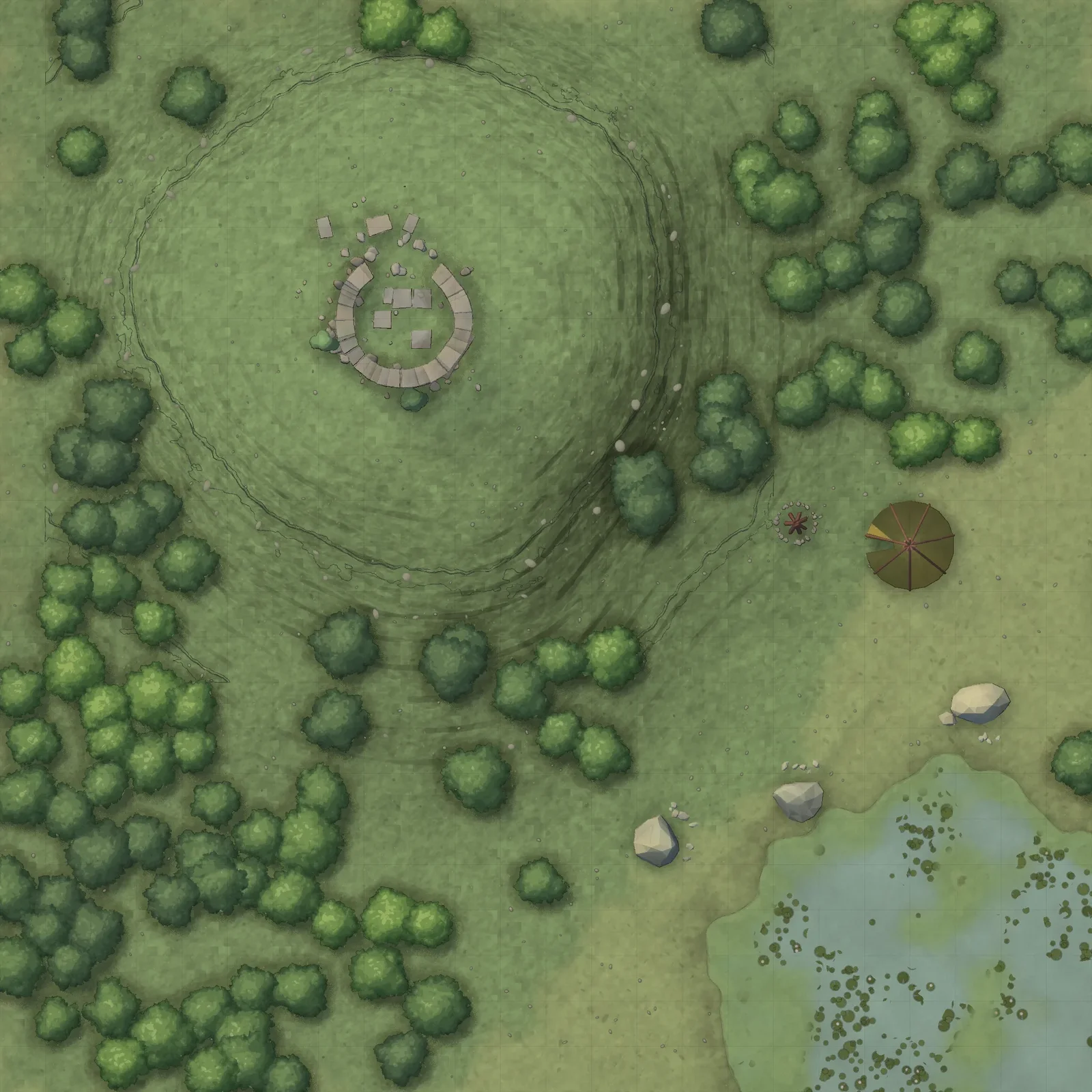 Top-down map of a ruined stone tower on a wooded hill, with a tent and campfire beside a swamp and boulders.