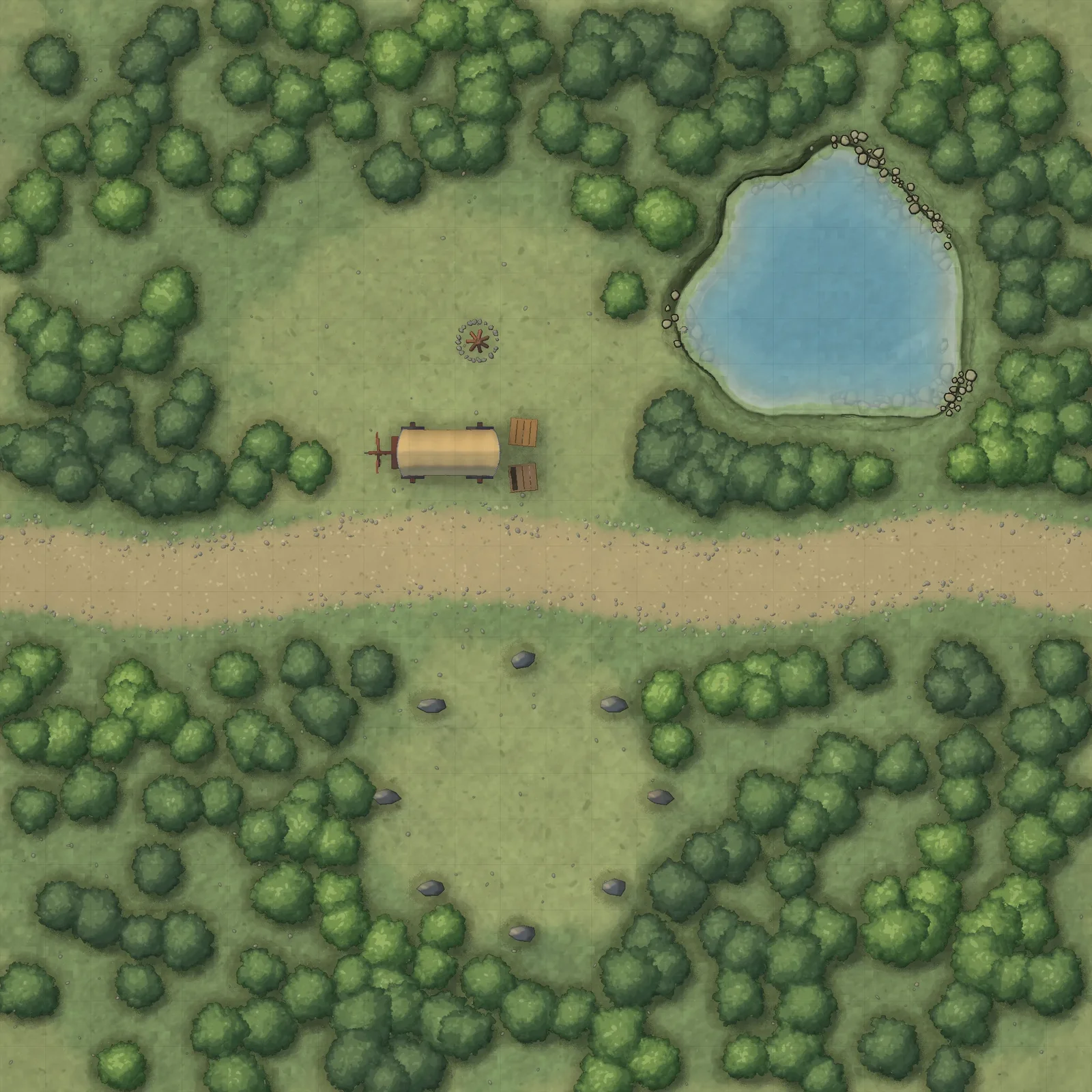 Forest campsite with a pond, covered wagon and crates north of a road, and a ring of standing stones to the south.
