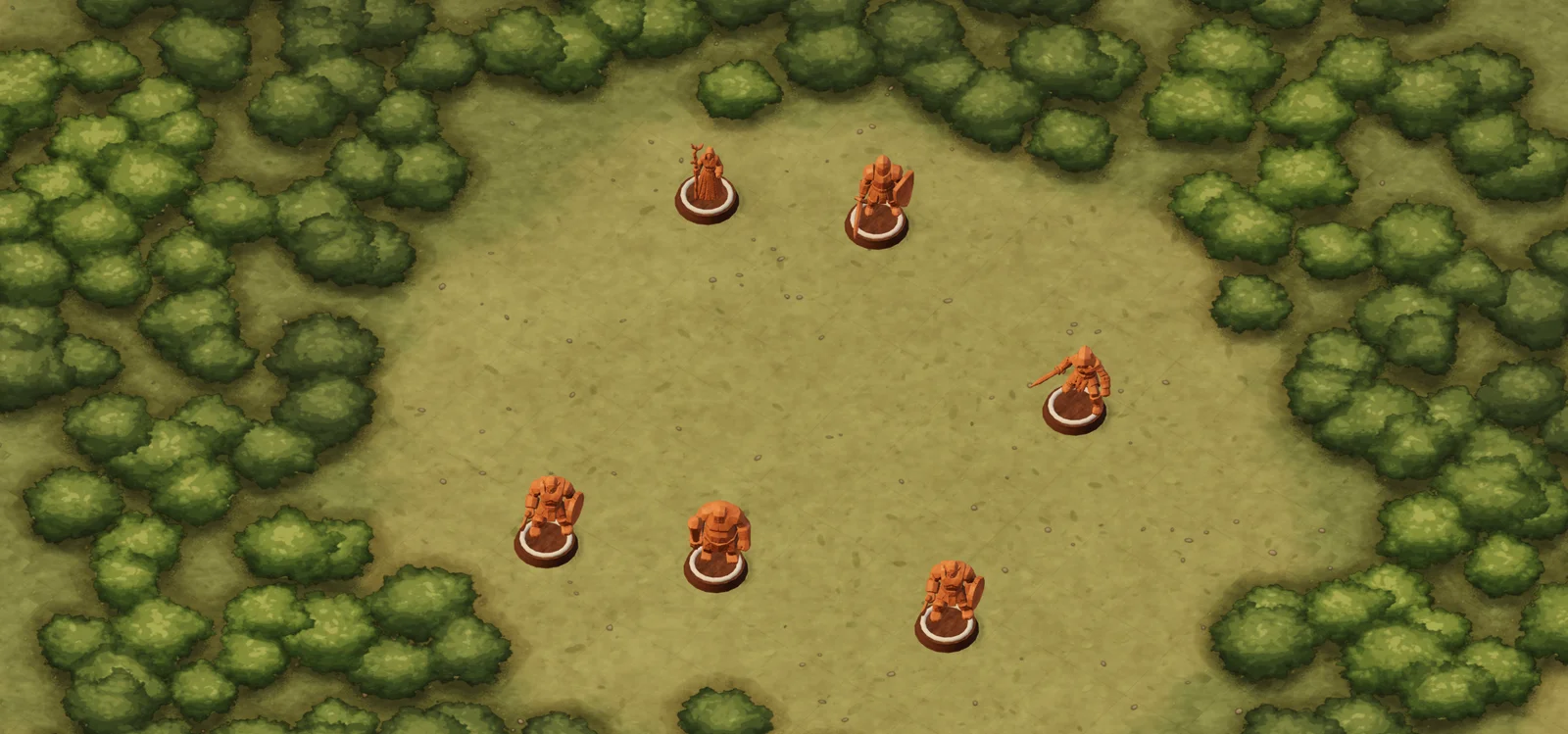 Isometric woodland clearing with six carved character miniatures facing one another across the map.